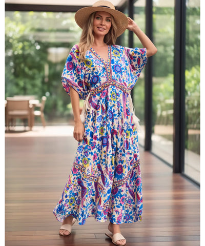 Vestido Longo Boho Feminino Viscose Estampado Mangas Morcego | Tenaz