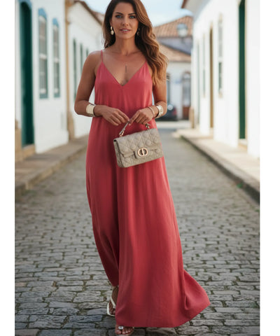 Vestido Longo Chemise Alças Finas Feminino Elegante | Deni