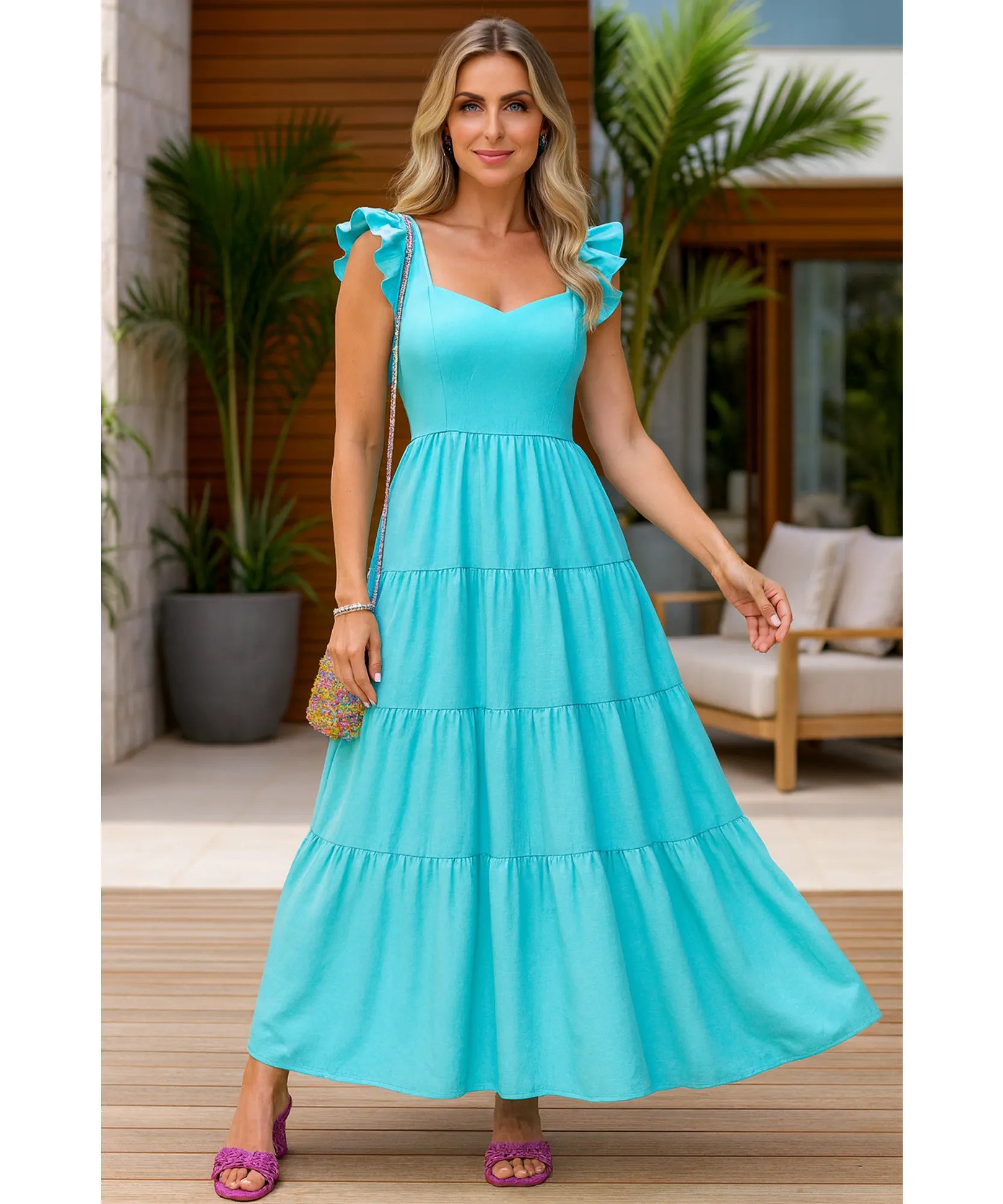 Comprar vestido longo feminino babados alças colorido verão festa casual barato promoção ZARA

