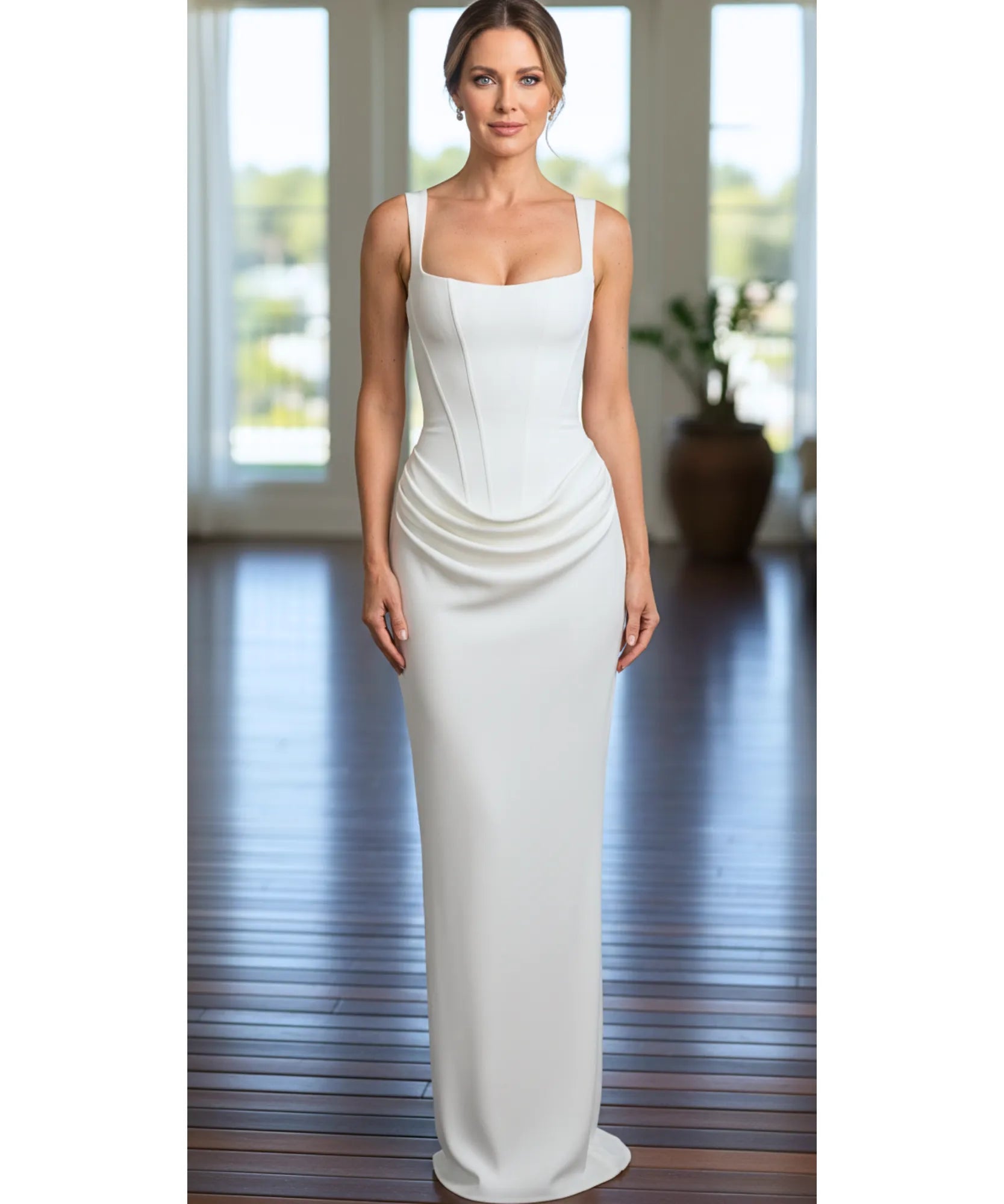 Comprar vestido longo de festa colado sereia franzido lateral alças reguláveis em promoção ANELLIMN