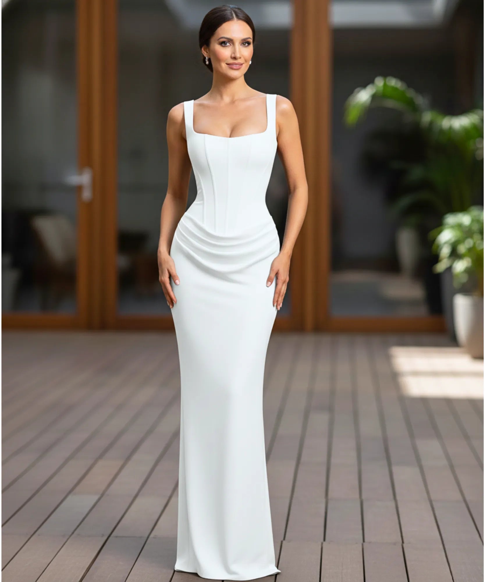 Comprar vestido longo de festa colado sereia franzido lateral alças reguláveis em promoção ANELLIMN