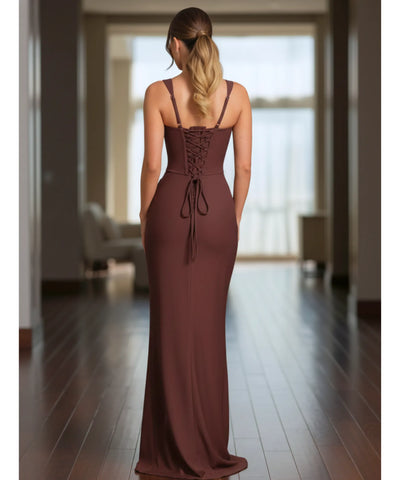 Comprar vestido longo de festa colado sereia franzido lateral alças reguláveis em promoção ANELLIMN