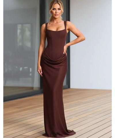Comprar vestido longo de festa colado sereia franzido lateral alças reguláveis em promoção ANELLIMN