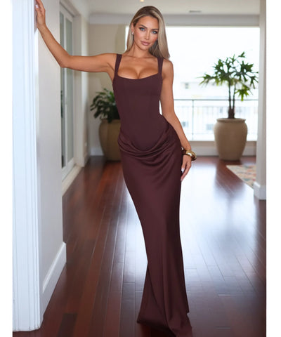 Comprar vestido longo de festa colado sereia franzido lateral alças reguláveis em promoção ANELLIMN
