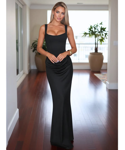 Comprar vestido longo de festa colado sereia franzido lateral alças reguláveis em promoção ANELLIMN