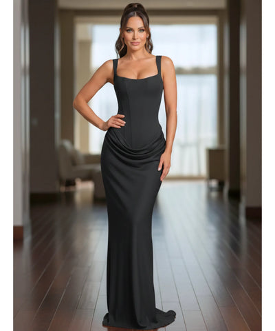 Comprar vestido longo de festa colado sereia franzido lateral alças reguláveis em promoção ANELLIMN