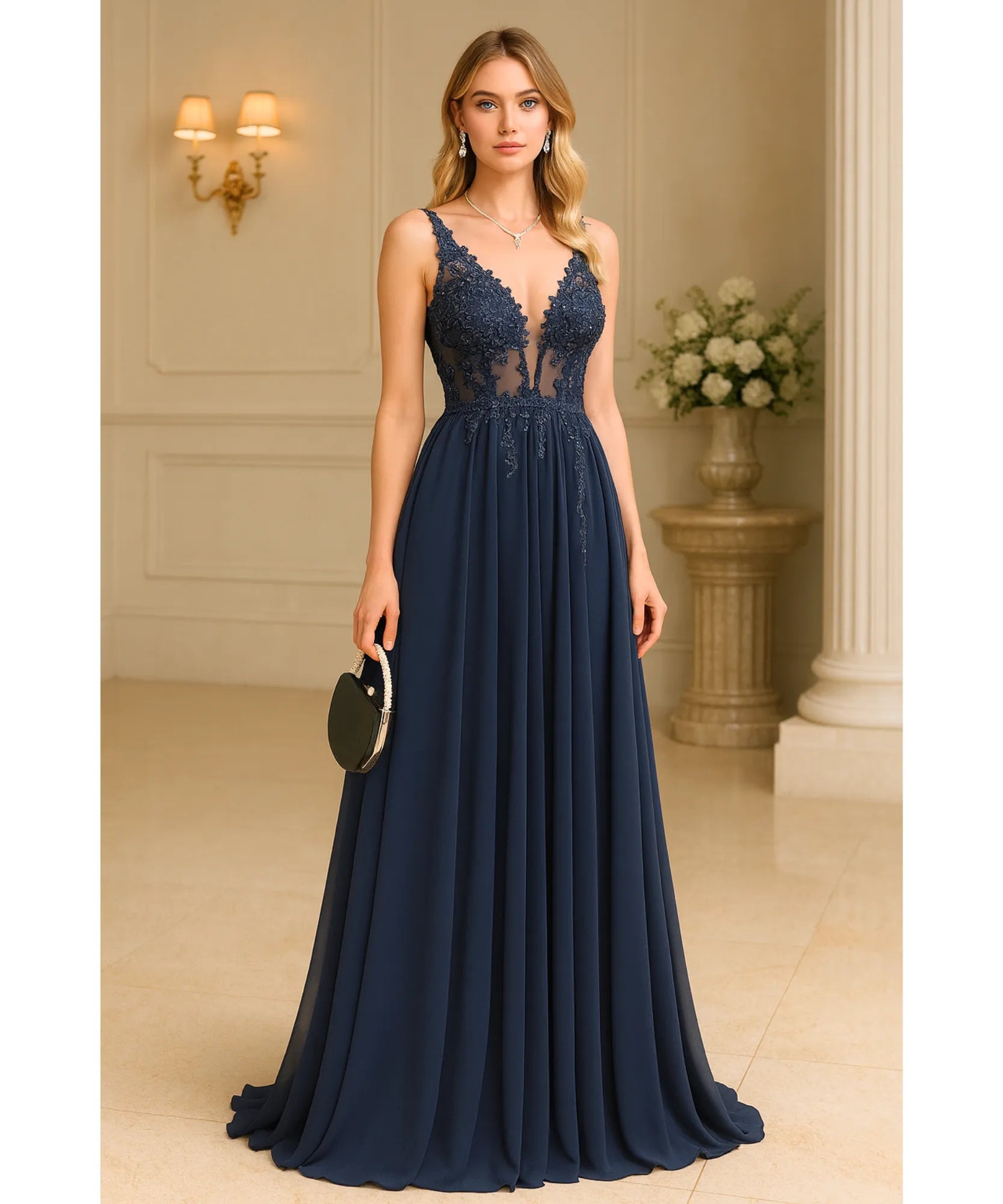 Comprar Vestido longo de festa azul marinho com renda e tule fluído, elegância para madrinhas e formandas em promoção KOJI STORE