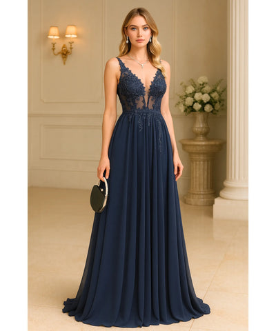 Comprar Vestido longo de festa azul marinho com renda e tule fluído, elegância para madrinhas e formandas em promoção KOJI STORE
