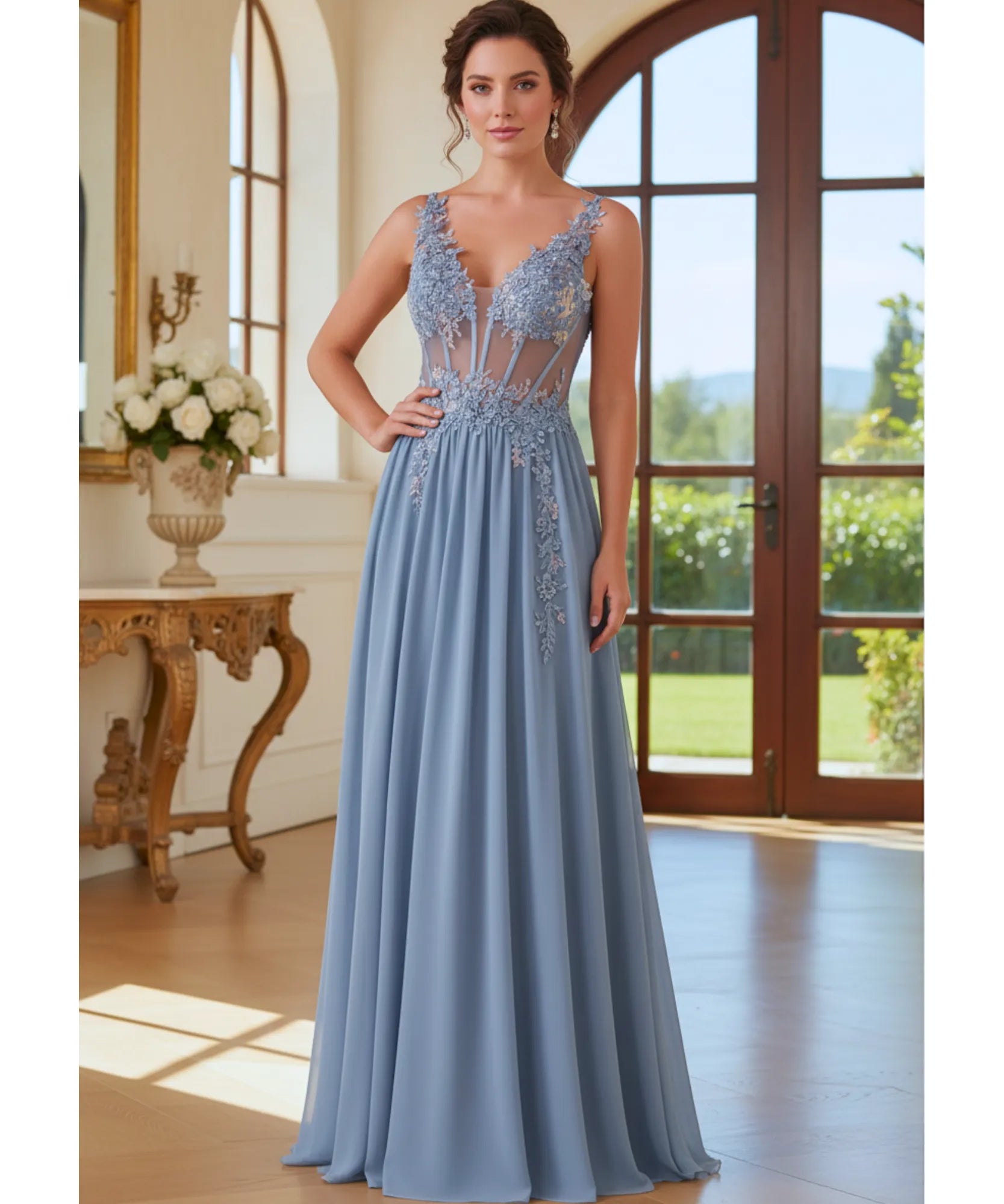 Comprar Vestido longo de festa azul com renda e tule fluído, elegância para madrinhas e formandas em promoção KOJI STORE