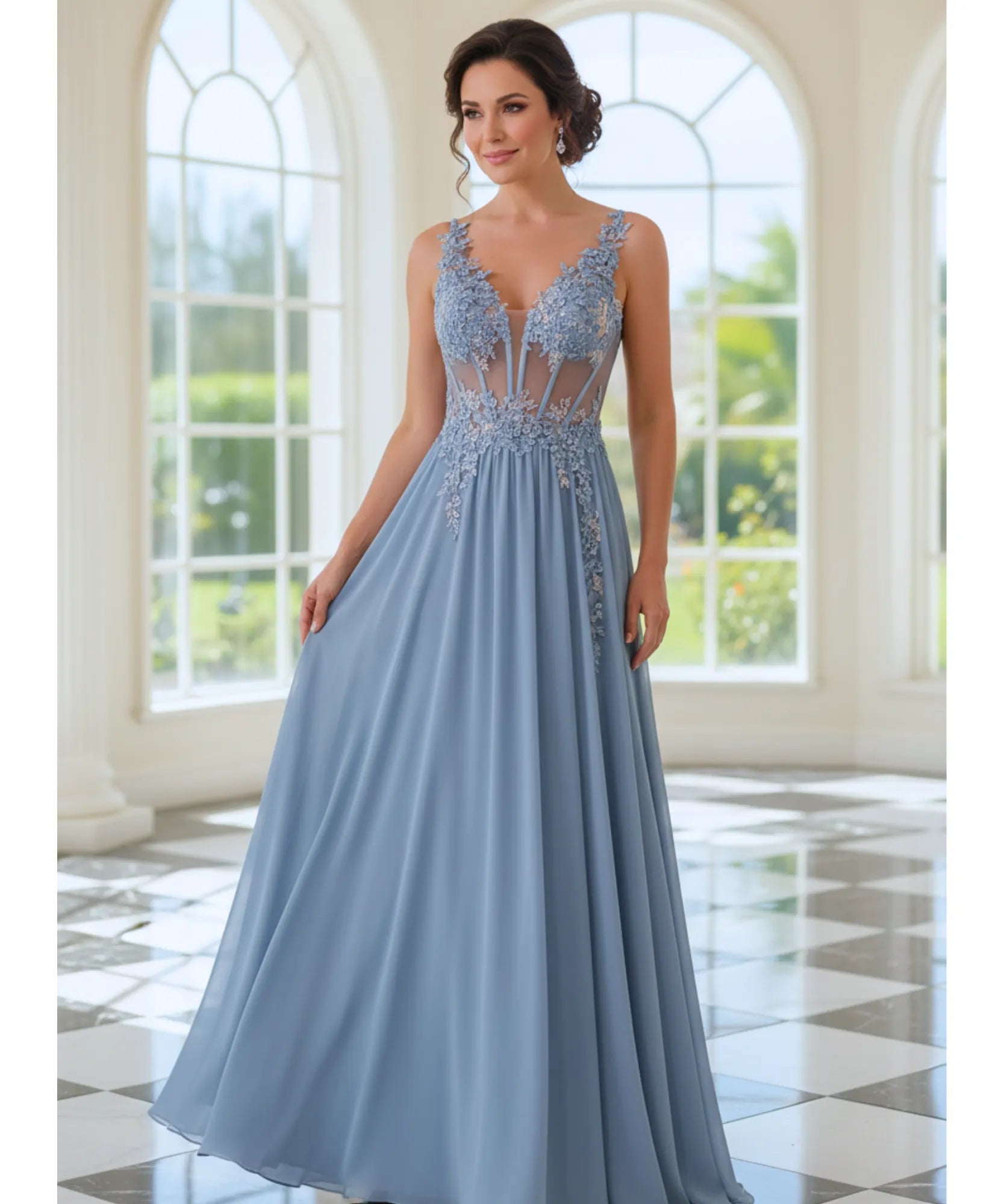Comprar Vestido longo de festa azul com renda e tule fluído, elegância para madrinhas e formandas em promoção KOJI STORE