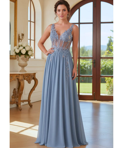 Comprar Vestido longo de festa azul com renda e tule fluído, elegância para madrinhas e formandas em promoção KOJI STORE