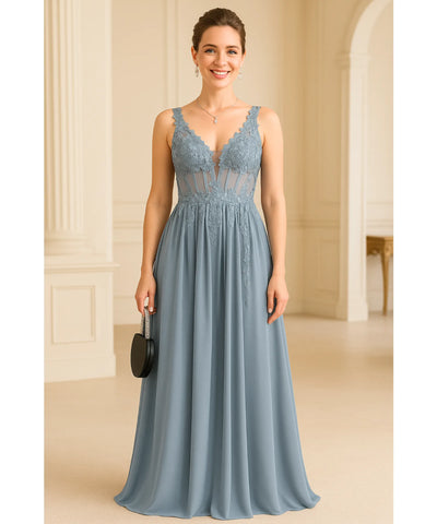 Comprar Vestido longo de festa cinza com renda e tule fluído, elegância para madrinhas e formandas em promoção KOJI STORE