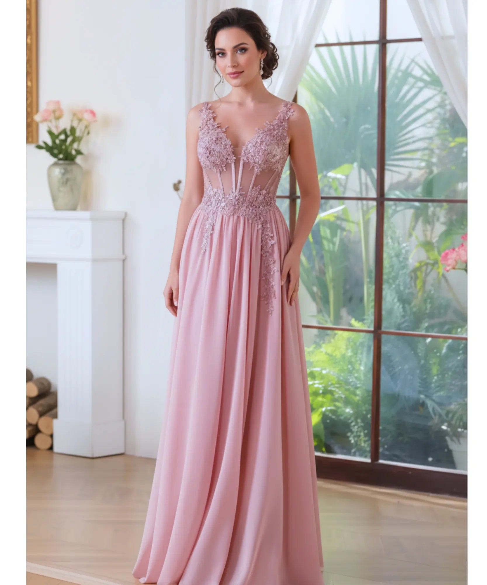 Comprar Vestido longo de festa rosa com renda e tule fluído, elegância para madrinhas e formandas em promoção KOJI STORE