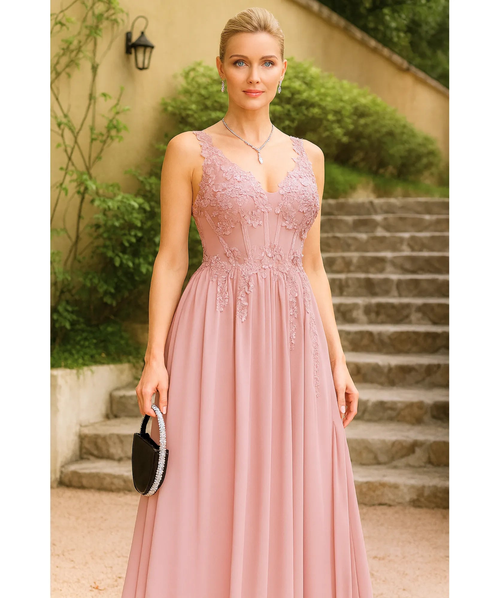 Comprar Vestido longo de festa rosa com renda e tule fluído, elegância para madrinhas e formandas em promoção KOJI STORE