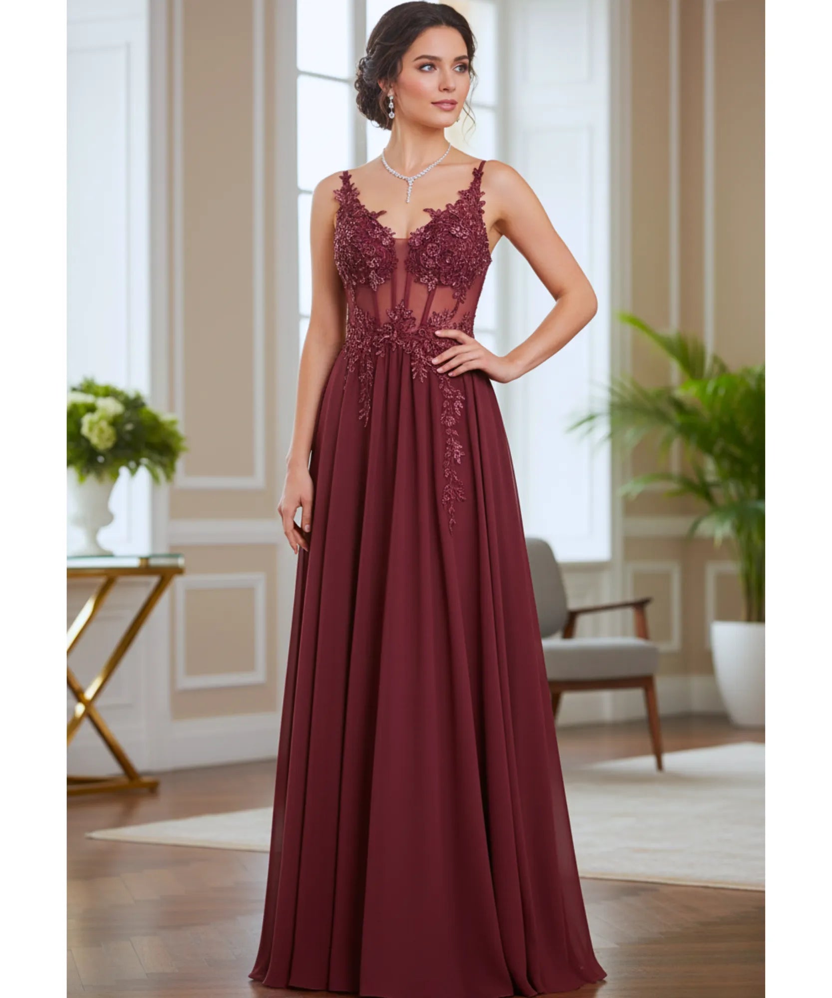 Comprar Vestido longo de festa vinho com renda e tule fluído, elegância para madrinhas e formandas em promoção KOJI STORE