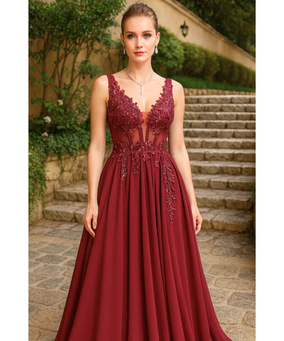 Comprar Vestido longo de festa vinho com renda e tule fluído, elegância para madrinhas e formandas em promoção KOJI STORE