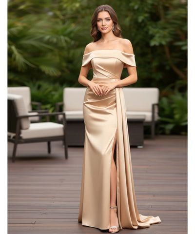 Vestido Longo de Festa Ombro a Ombro Cetim com Cauda | Santin