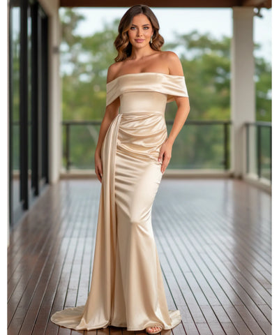 Comprar Vestido longo de cetim ombro a ombro com cauda para festas, madrinhas e formaturas barato ZARA