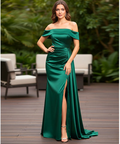 Comprar Vestido longo de cetim ombro a ombro com cauda para festas, madrinhas e formaturas barato ZARA