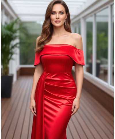 Vestido Longo de Festa Ombro a Ombro Cetim com Cauda | Santin