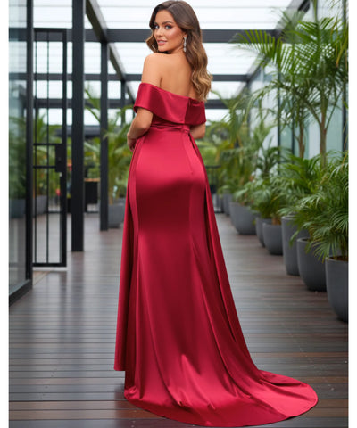 Vestido Longo de Festa Ombro a Ombro Cetim com Cauda | Santin