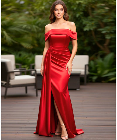 Comprar Vestido longo de cetim ombro a ombro com cauda para festas, madrinhas e formaturas barato ZARA