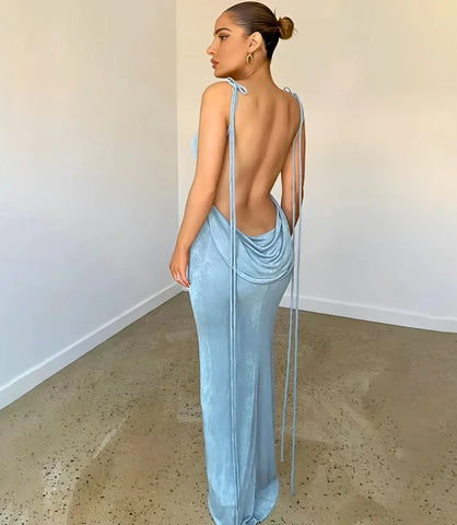 Comprar Vestido Longo de Festa com Costas Nuas para Balada e Formatura Azul - Anellimn
