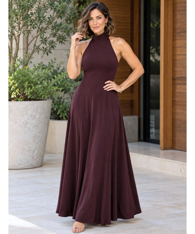 Comprar vestido longo de malha evasê marsala barato Anellimn