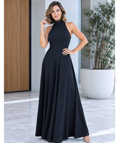 Comprar vestido longo de malha gola alta preto barato Anellimn