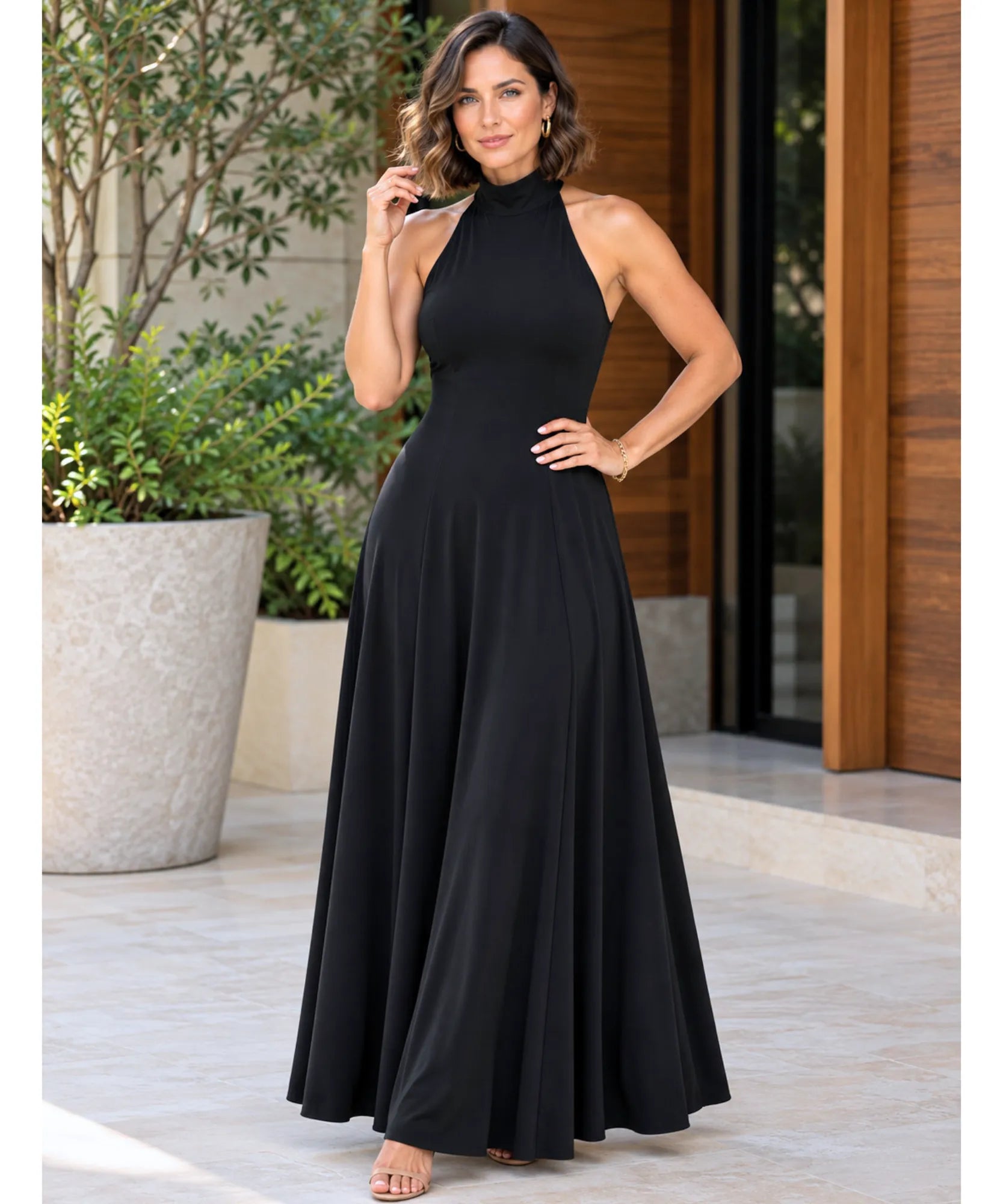 Comprar vestido longo de malha frente única preto barato Anellimn