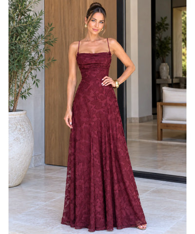 Comprar vestido longo de renda marsala em promoção Anellimn