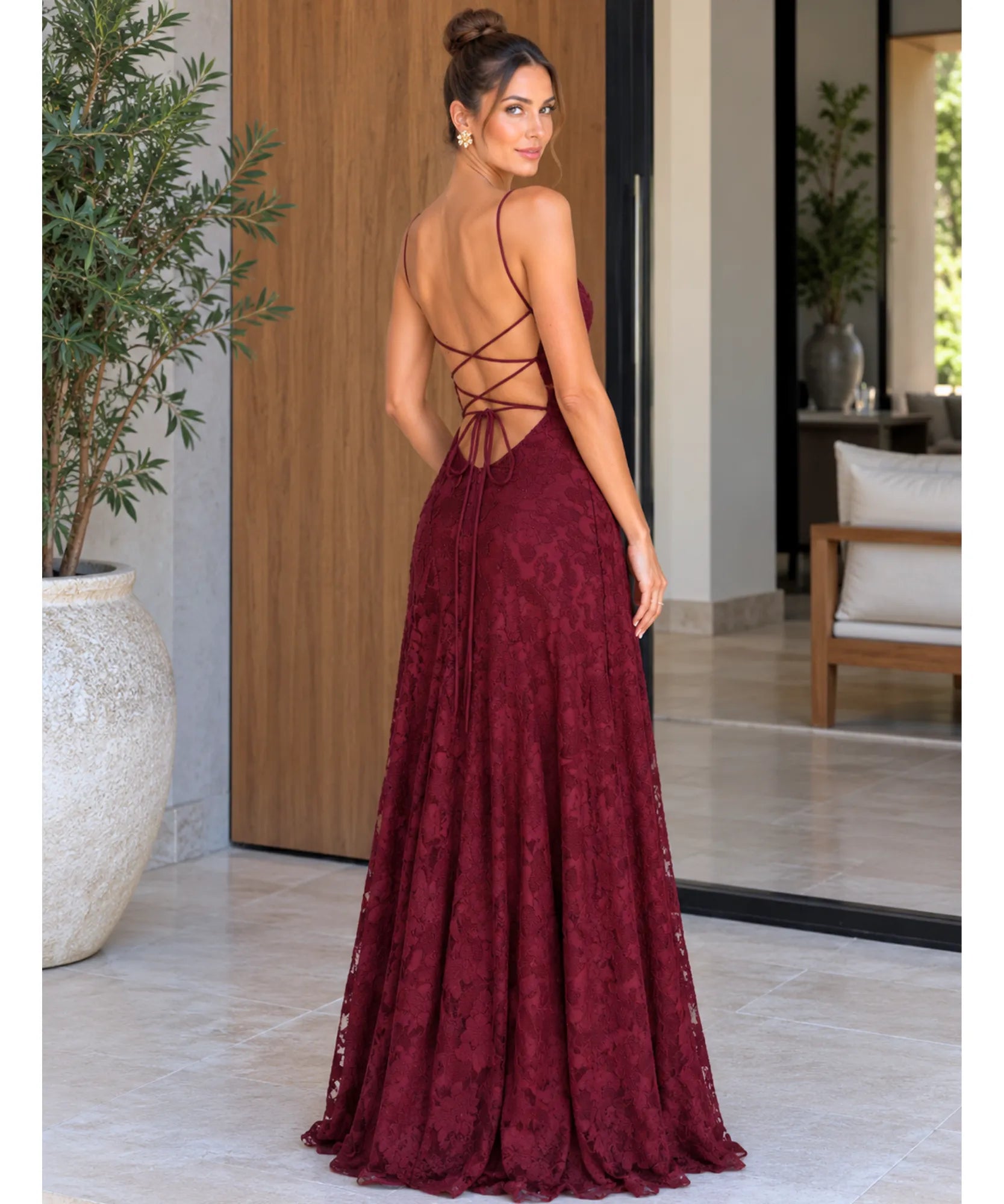 Comprar vestido de renda longo costas com amarração em promoção Anellimn