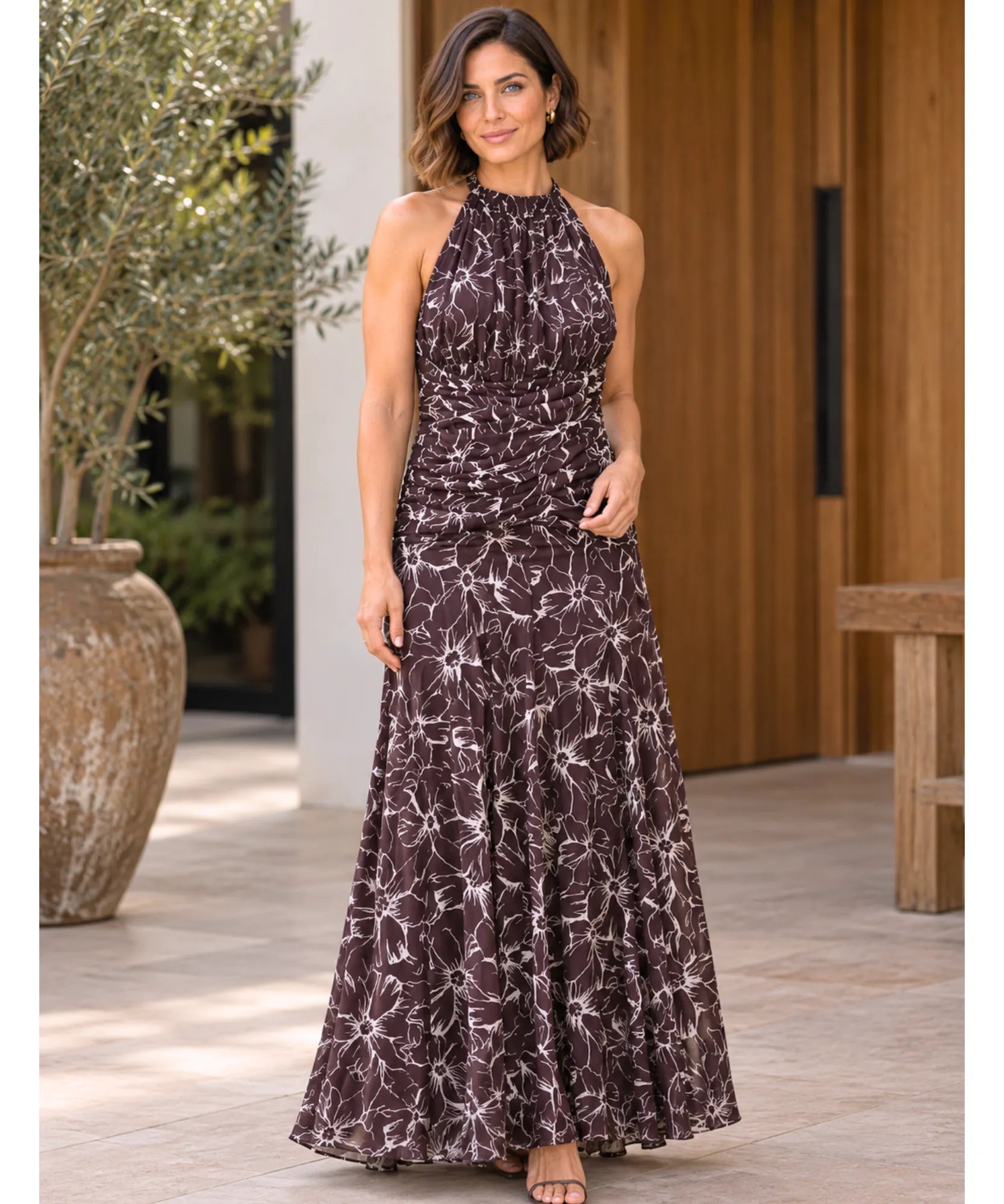Comprar vestido longo de tule estampado floral sereia marrom em promoção Anellimn
