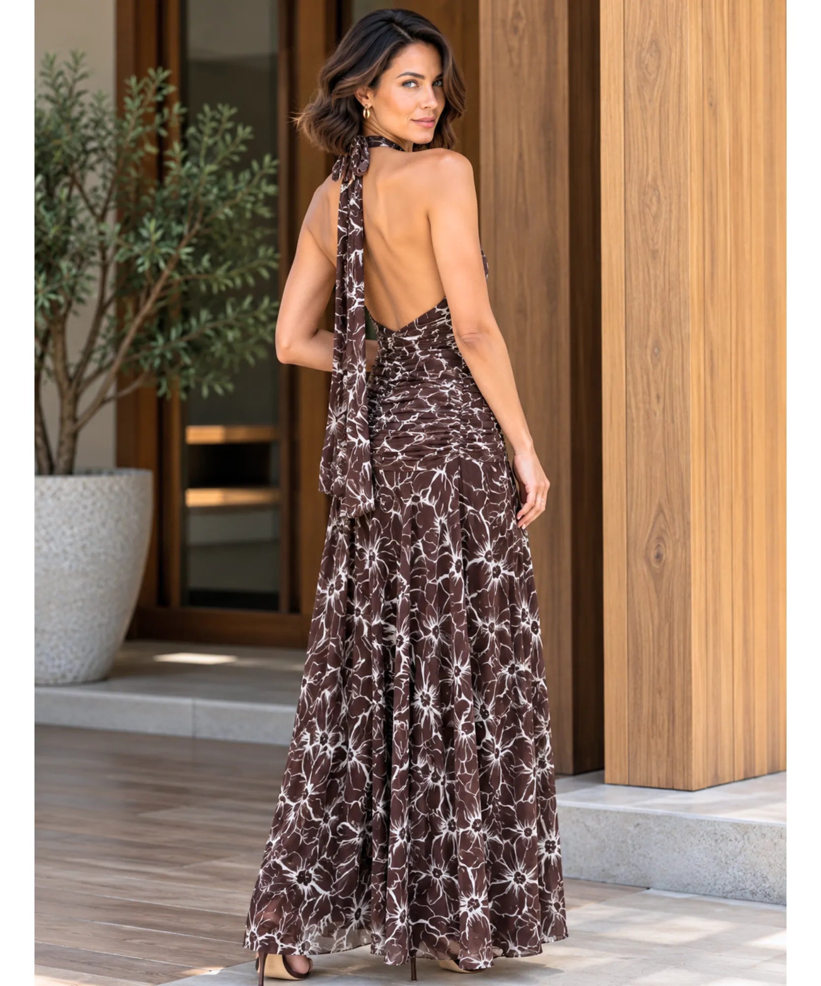 Comprar vestido longo de tule frente única costas abertas marrom em promoção Anellimn
