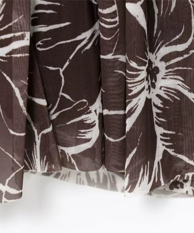 Comprar vestido longo de tule estampado floral detalhe da barra marrom em promoção Anellimn