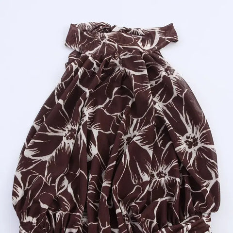 Comprar vestido longo de tule gola frente única detalhe marrom em promoção Anellimn