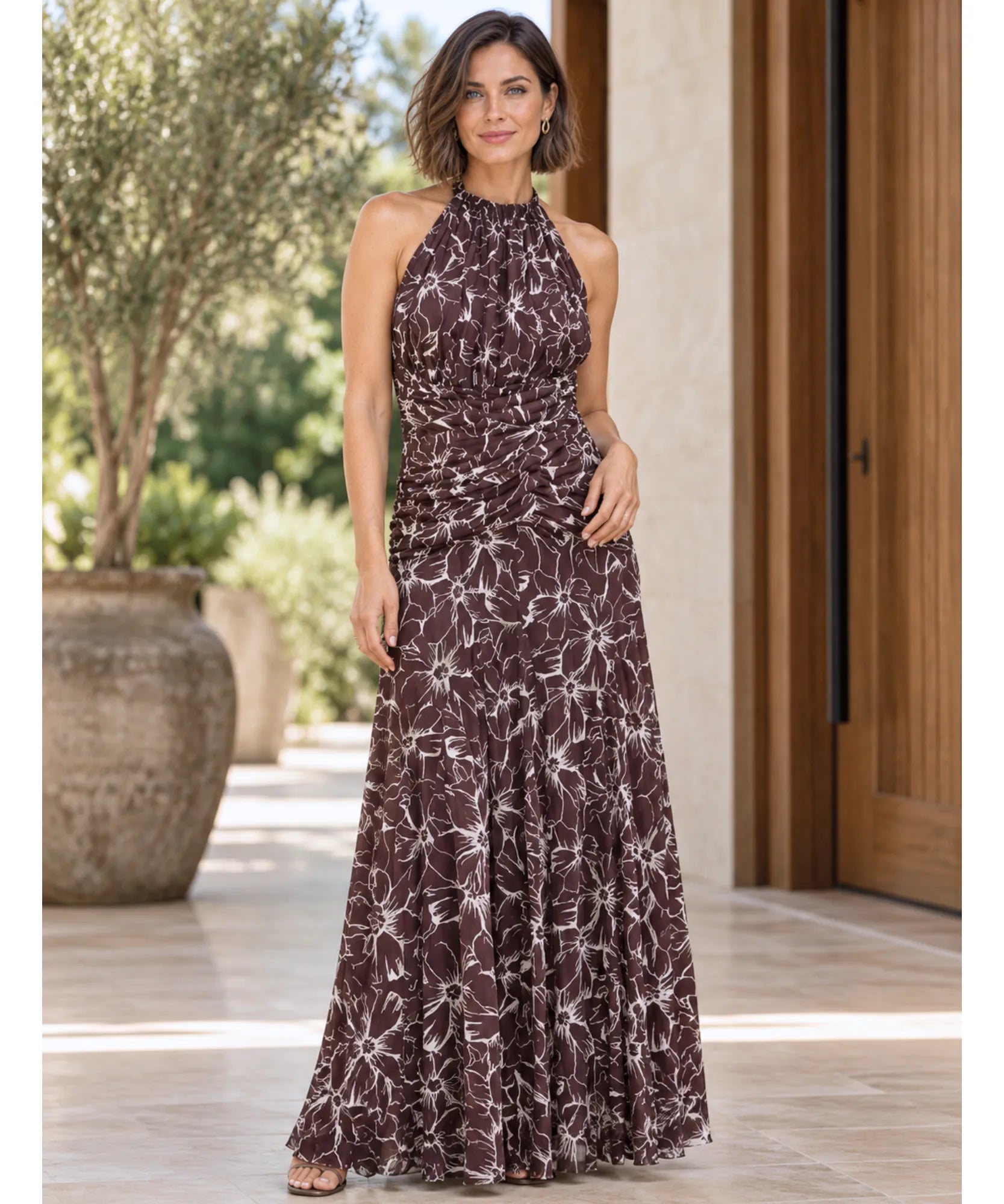 Comprar vestido longo de tule estampado frente única marrom em promoção Anellimn