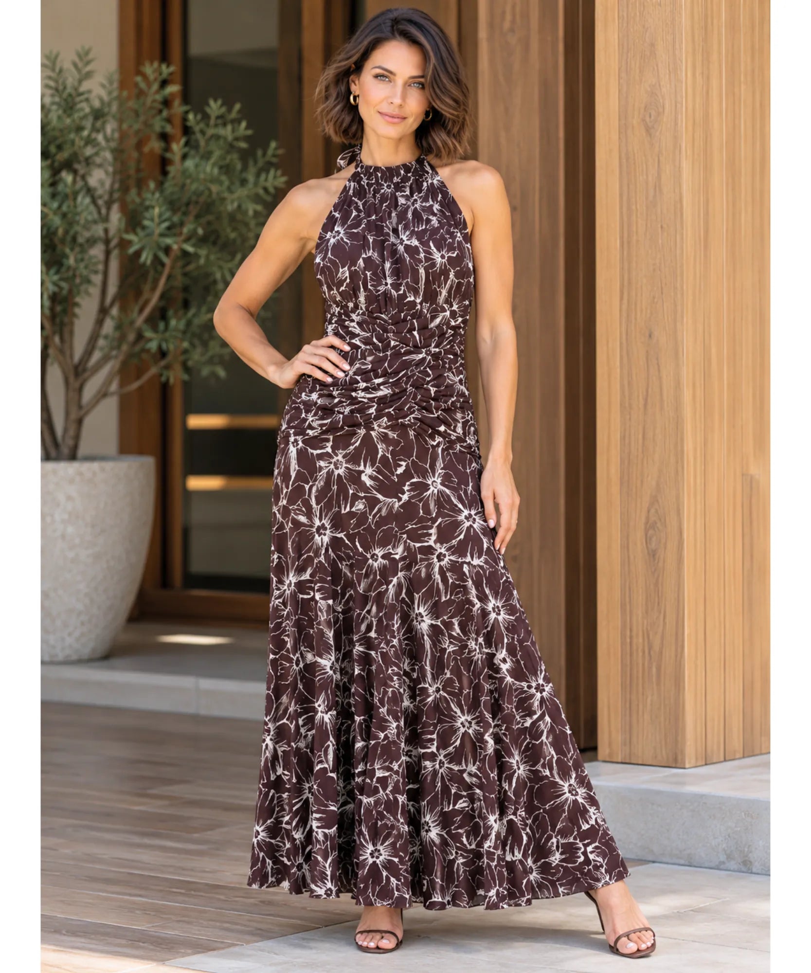 Comprar vestido longo de tule estampado elegante marrom em promoção Anellimn