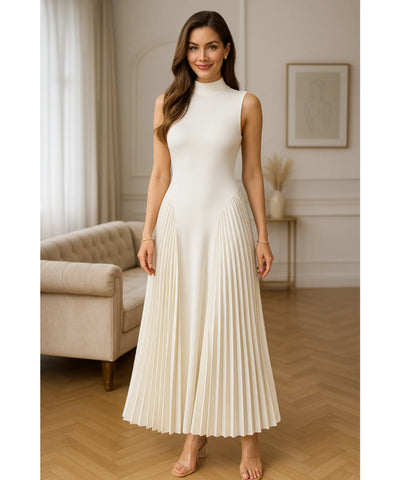Vestido Longo Elegante Plissado com Gola Alta | Cristi