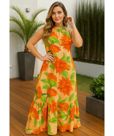 Vestido Longo Estampado Feminino Frente Única Floral | Alani