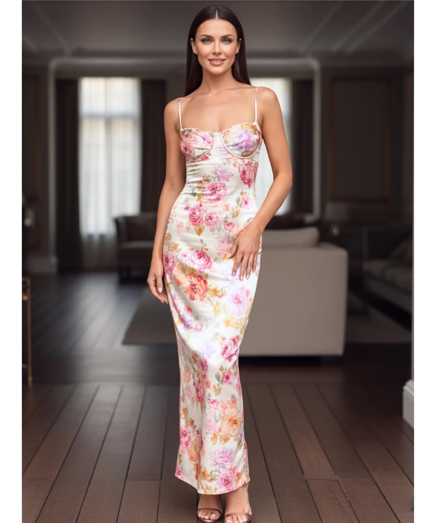 Comprar vestido longo estampado floral alcinha decote coração festa romântico feminino barato promoção ZARA