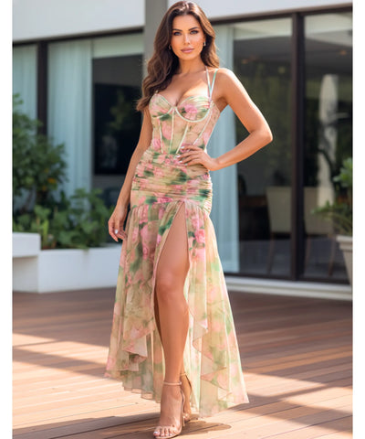 Comprar vestido longo estampado floral boho alças fenda lateral drapeado festa casamento verão barato em promoção LADY DRESS