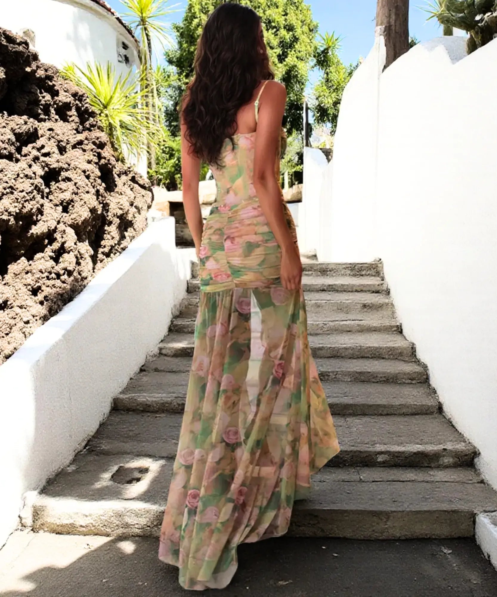 Comprar vestido longo estampado floral boho alças fenda lateral drapeado festa casamento verão barato em promoção LADY DRESS

