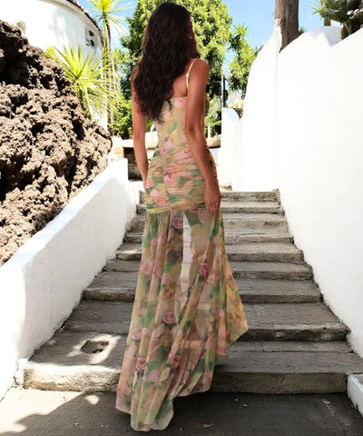 Comprar vestido longo estampado floral boho alças fenda lateral drapeado festa casamento verão barato em promoção LADY DRESS

