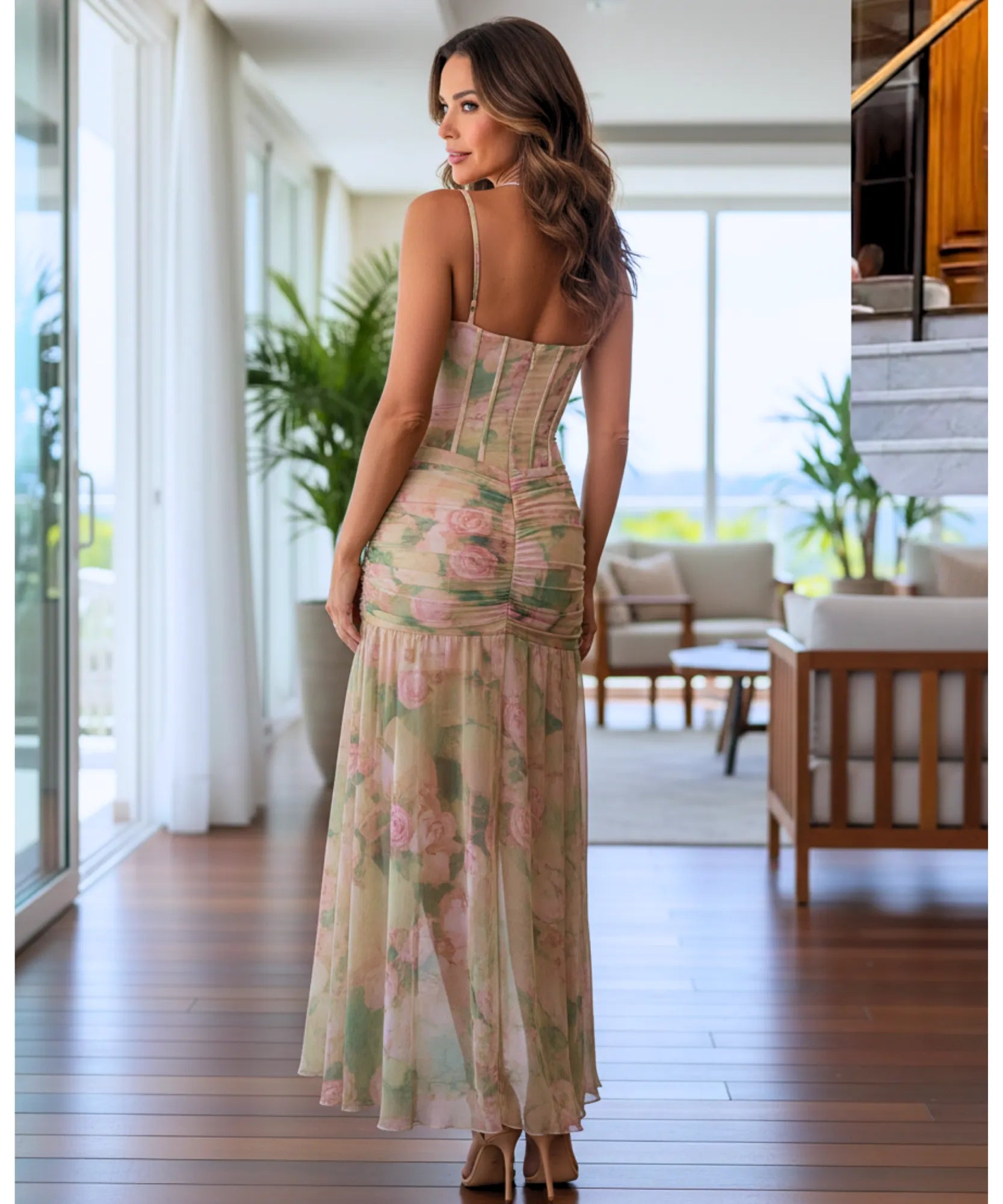 Comprar vestido longo estampado floral boho alças fenda lateral drapeado festa casamento verão barato em promoção LADY DRESS