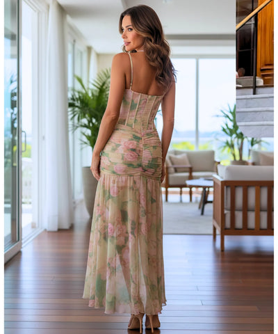 Comprar vestido longo estampado floral boho alças fenda lateral drapeado festa casamento verão barato em promoção LADY DRESS