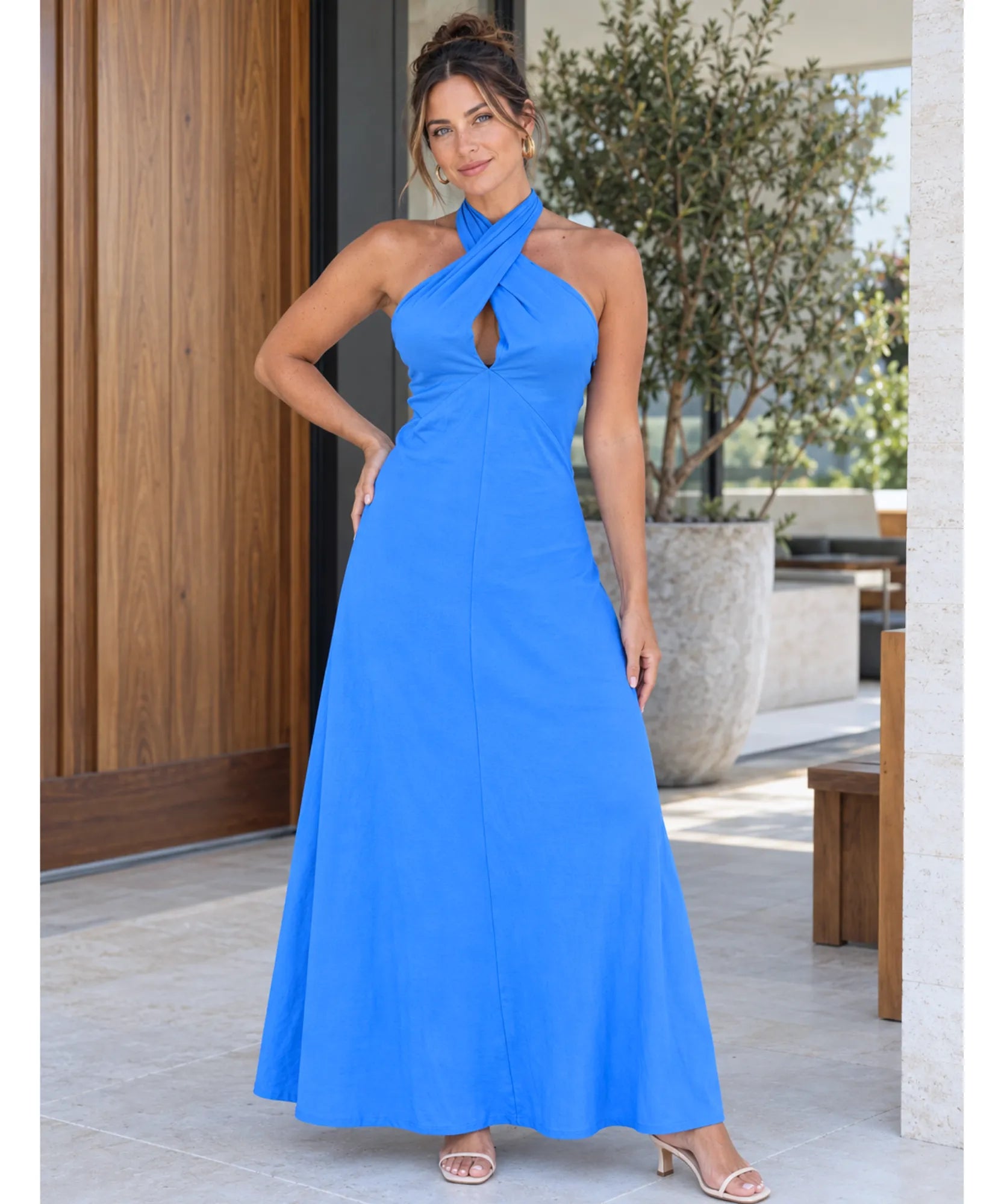 Comprar vestido longo evasê transpassado azul em promoção Anellimn