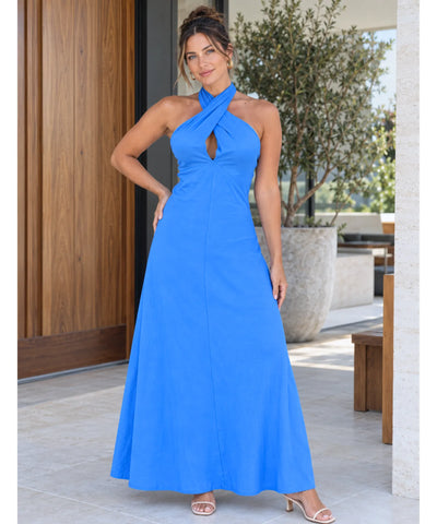 Comprar vestido longo evasê transpassado azul em promoção Anellimn
