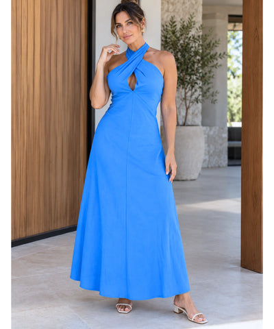 Comprar vestido longo evasê frente única azul em promoção Anellimn