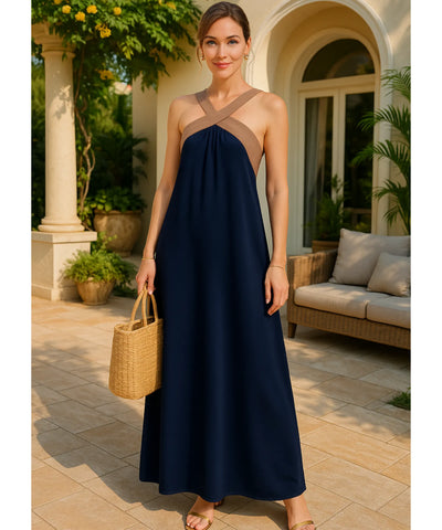 Comprar vestido longo feminino azul marinho elegante casual alças cruzadas decote costas verão social barato promoção ZARA
